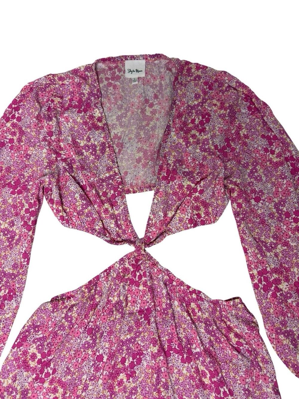 Sky to Moon Pink Floral Cutout Mini Dress Long Sleeve Open Front Size L NWOT - Picture 3 of 10